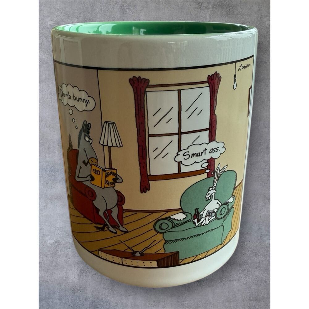 VTG 1998 The Far Side Gary Larson Mug Dumb Bunny Smart Ass Animal Farm Green